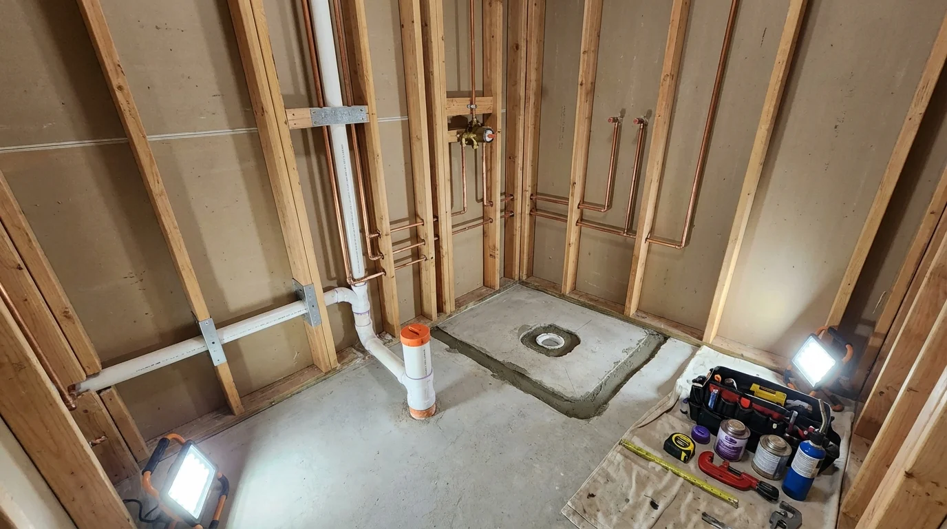Bathroom rough-in plumbing during remodel by Johns Plumbing LLC in Northfield