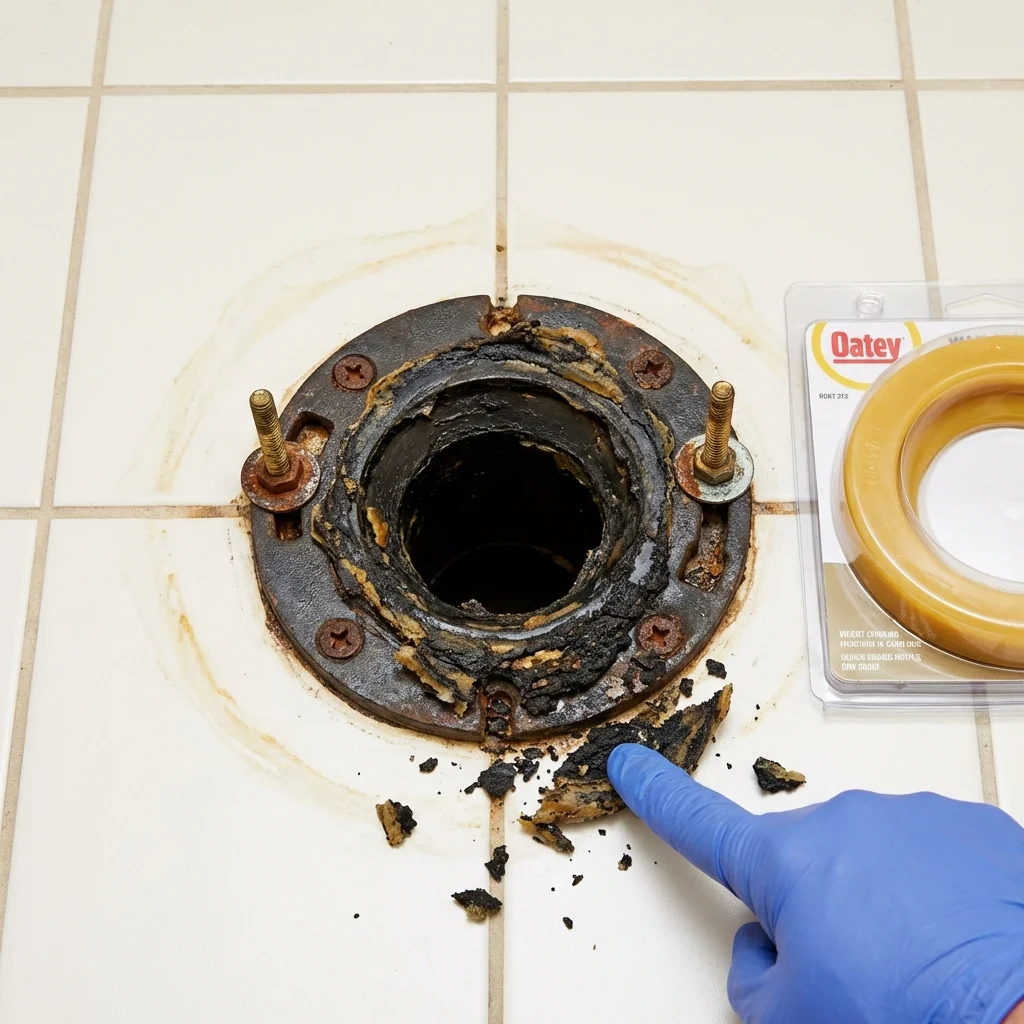 Failed wax ring showing water seepage at the base of a toilet in a Northfield, VT home