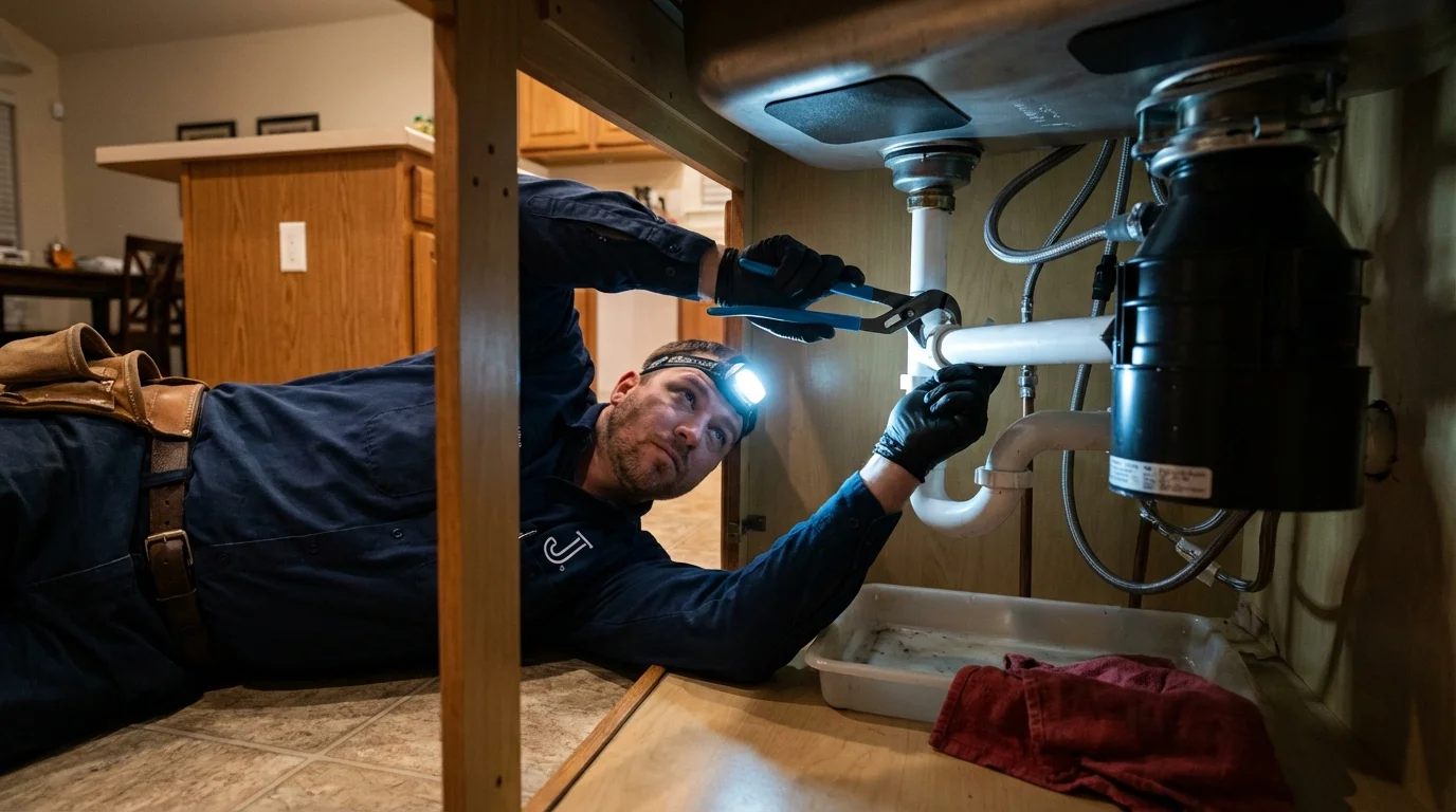 P-trap and supply line connections under a kitchen sink showing a common leak point in Northfield, VT